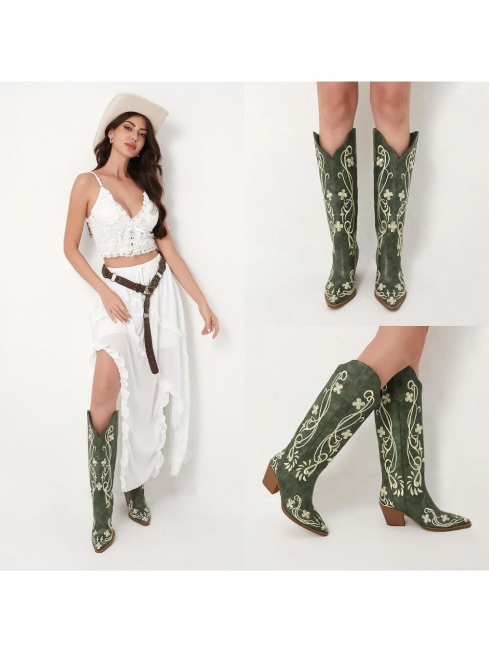 Women's Green Pu Cowgirl High Knee Vintage with Floral Embroidered Footwear - Picture 6 of 6